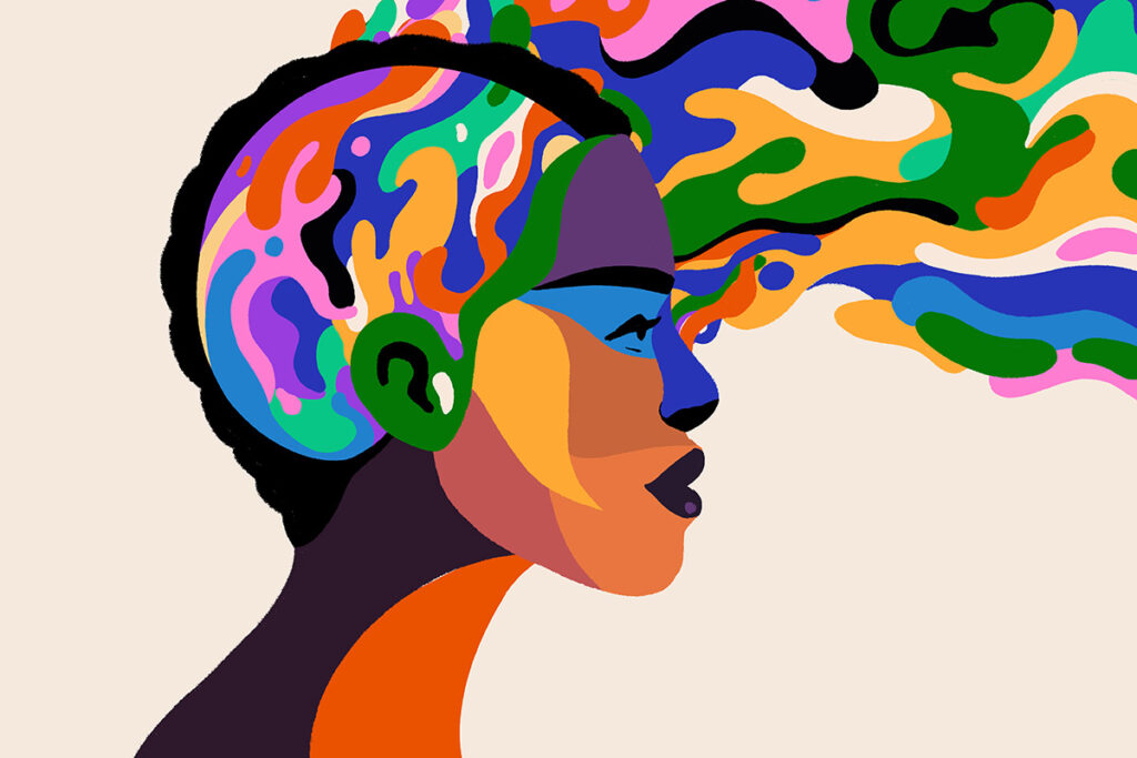 Graphic of Black woman with multicolored waves come from her head
