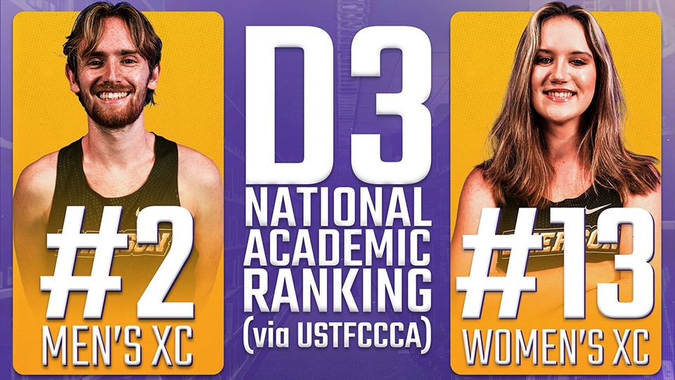 A graphic of a man and woman cross country athletes with words: D3 National Academic Ranking (via USTFCCCA)
