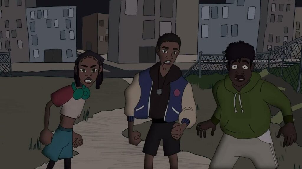 A cartoon image of three Black people on a path with buildings in the back