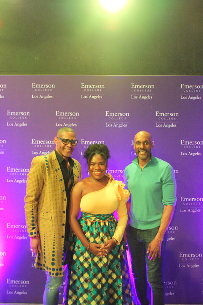 Pinder, Stokes, and Keith Boykin in front of purple background reading Emerson College