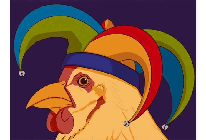 Animated graphic of a rooster's head wearing a jester cap