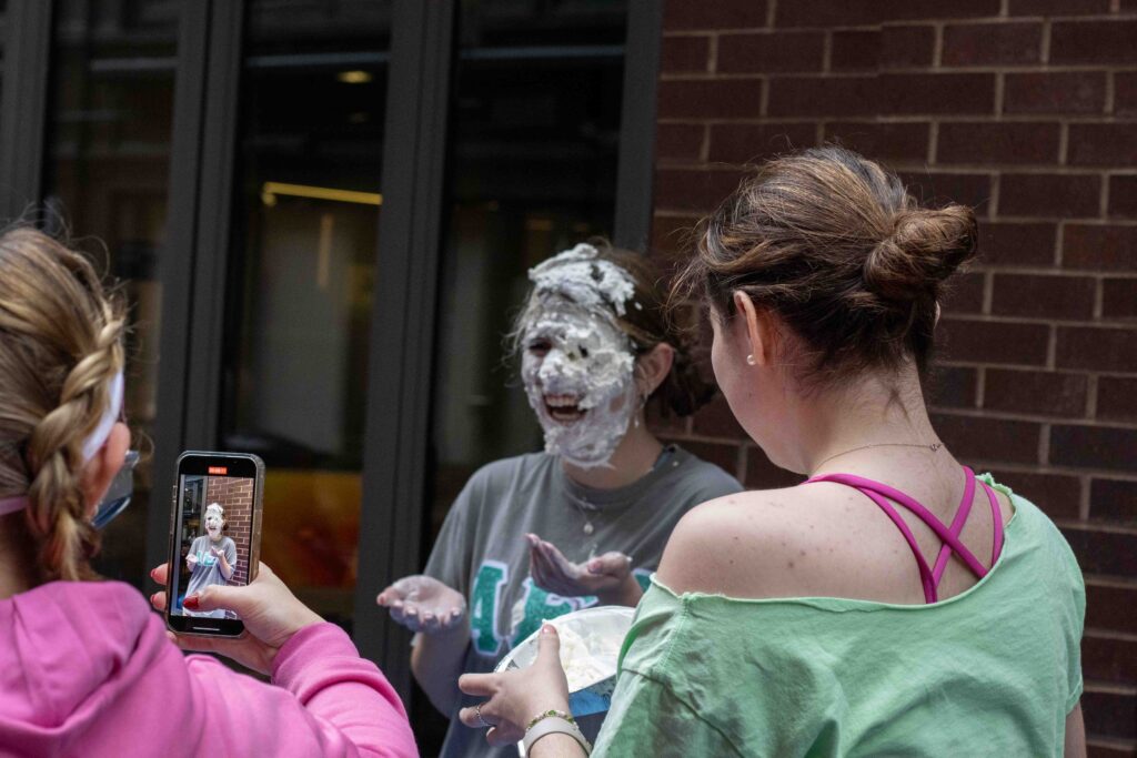 Phoebe Alves has video proof of getting a pie in the face to send to those who donated from far way.