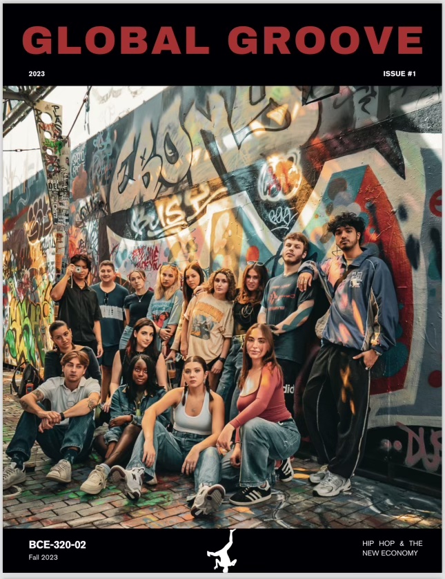 Cover of Global Groove magazine with lots of people standing and kneeling together against backdrop of graffiti art