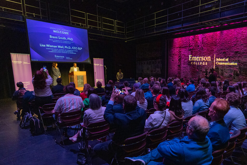 The 2024 Emerson College School of Communication Awards program took place on April 29 at the Jackie Liebergott Black Box Theatre inside Paramount Center.