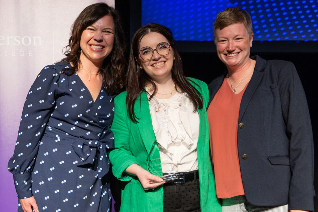 GRADUATE ACADEMIC EXCELLENCE; Assistant SOC Dean Lisa Wisman Weil, CSD student graduate student Kyra Bodey MA ’24, and CSD Professor Lindsay Griffin.
