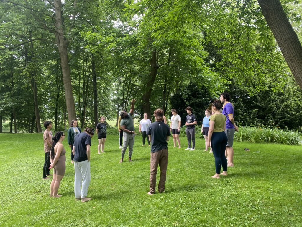 Numerous people stand around one person outside on grass