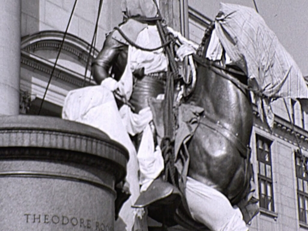 A statue of Teddy Roosevelt on a horse is lifted up by ropes and the statues heads are covered