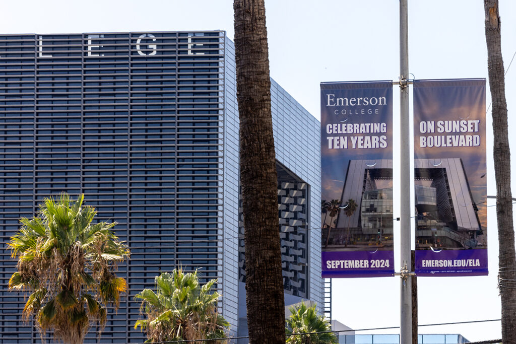 banner with image of ELA celebrating 10th anniversary, hung on lightpost next to actual ELA building