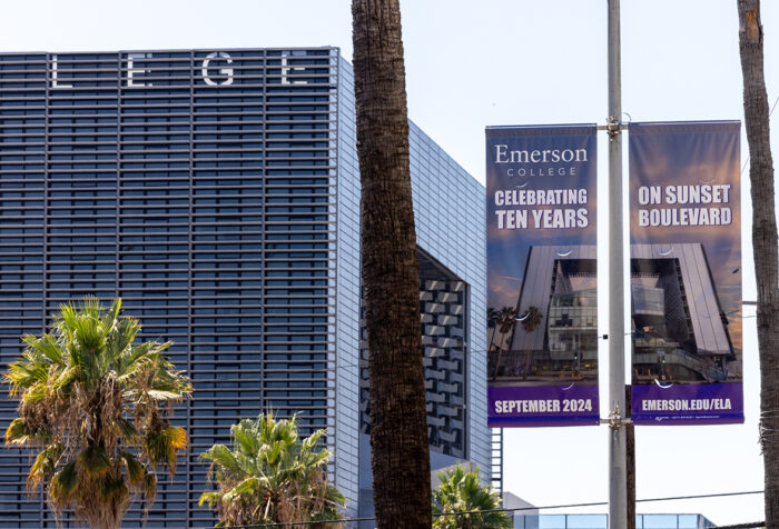 banner with image of ELA celebrating 10th anniversary, hung on lightpost next to actual ELA building