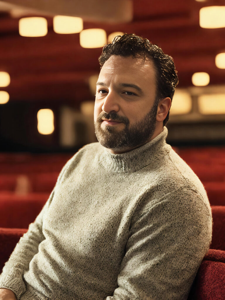 White man with curly brown hair, beard, wearing beige sweater, sits in an empty theater