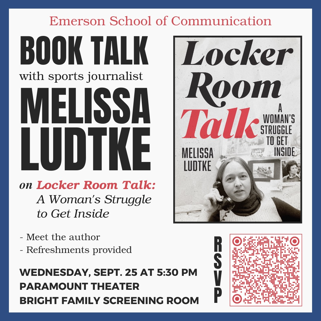 Student-made poster for a discussion with author Melissa Ludtke, who broke barriers in sports after suing Major League Baseball in the 1970's to allow female journalists equal access to locker rooms for player interviews.