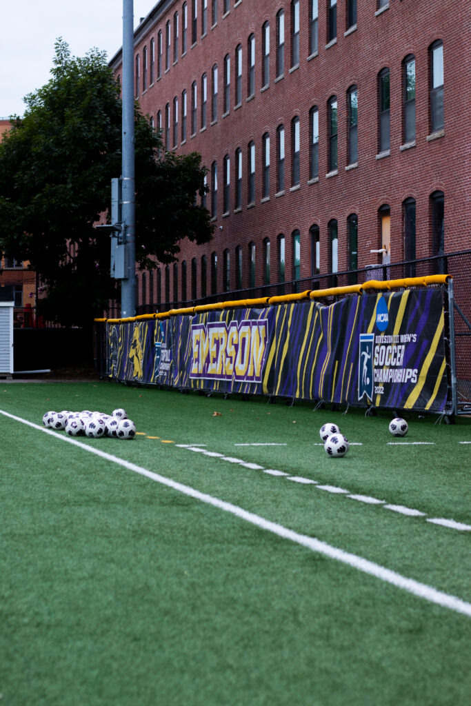 A bunch of soccer balls on the soccer field