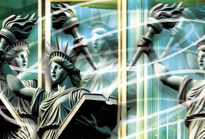 An animated image of the Statue of Liberty looking a little stressed