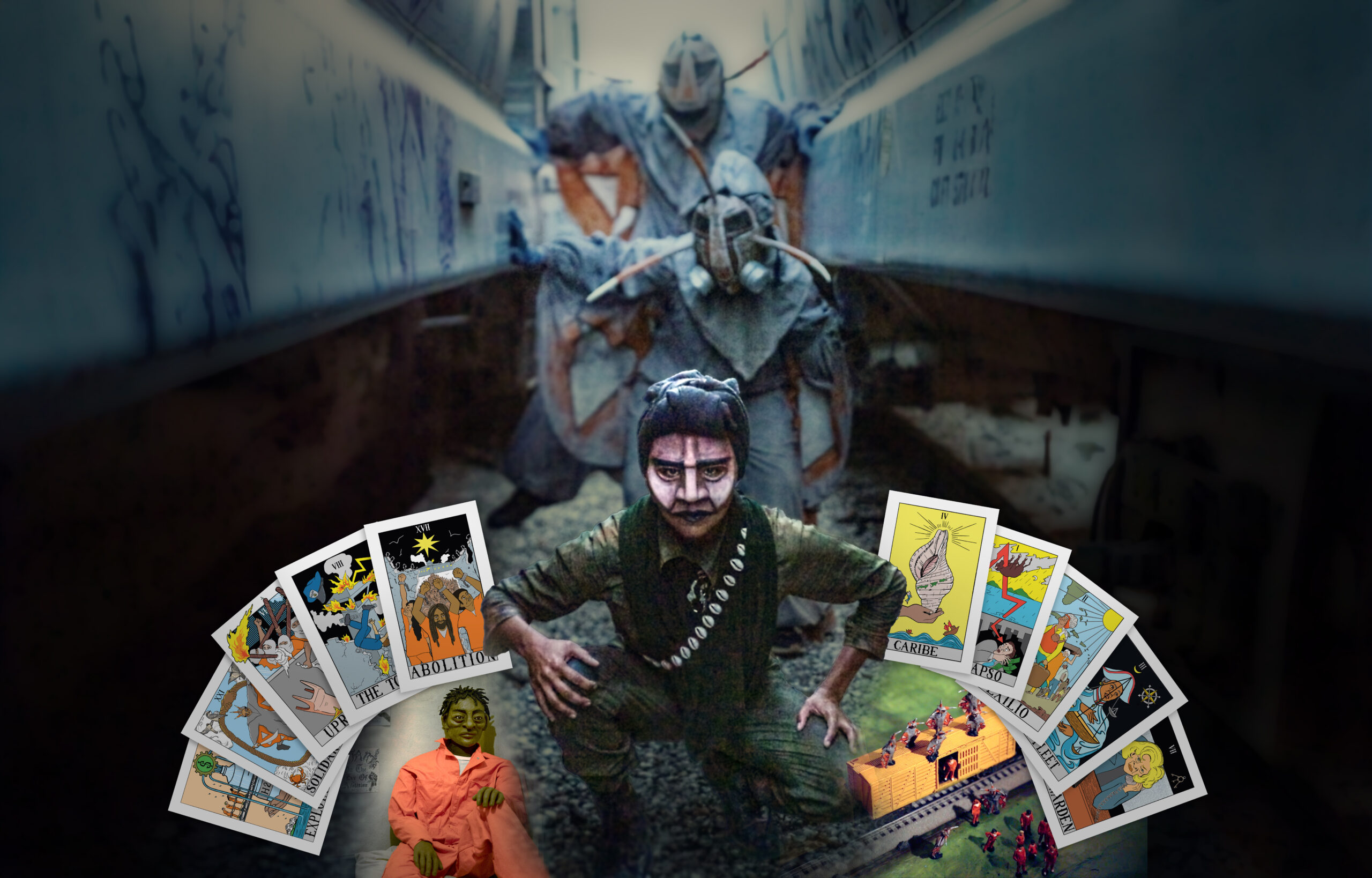 man in papier mache mask stands surrounded by tarot cards