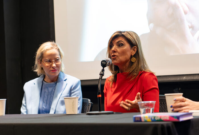 Maria Stephanos speaks while at a table