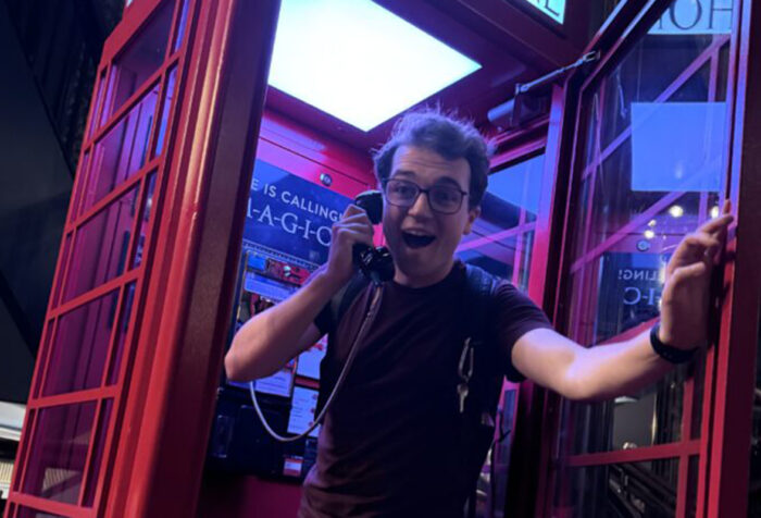 Alex Serino in a prop telephone booth for the Broadway show 'Harry Potter and the Cursed Child'