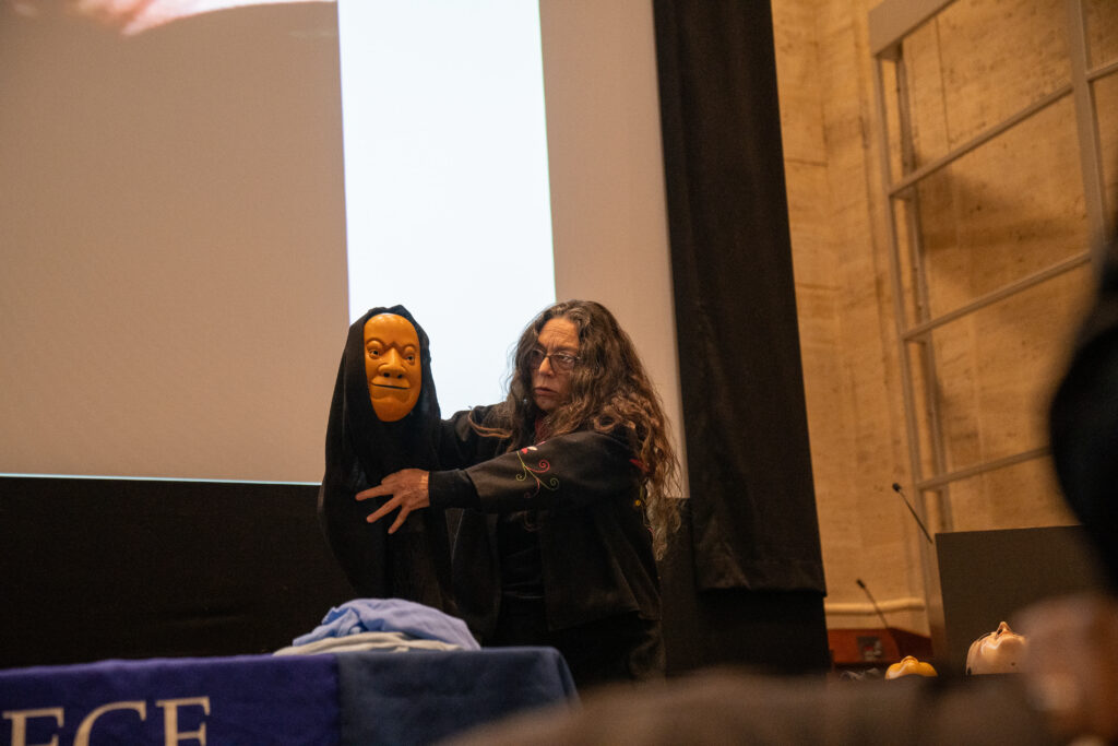 Alicia Martínez Álvarez with one of her masks