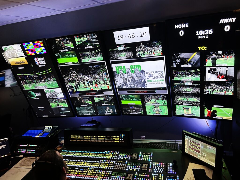 Boston Celtics production room with lots of different screens