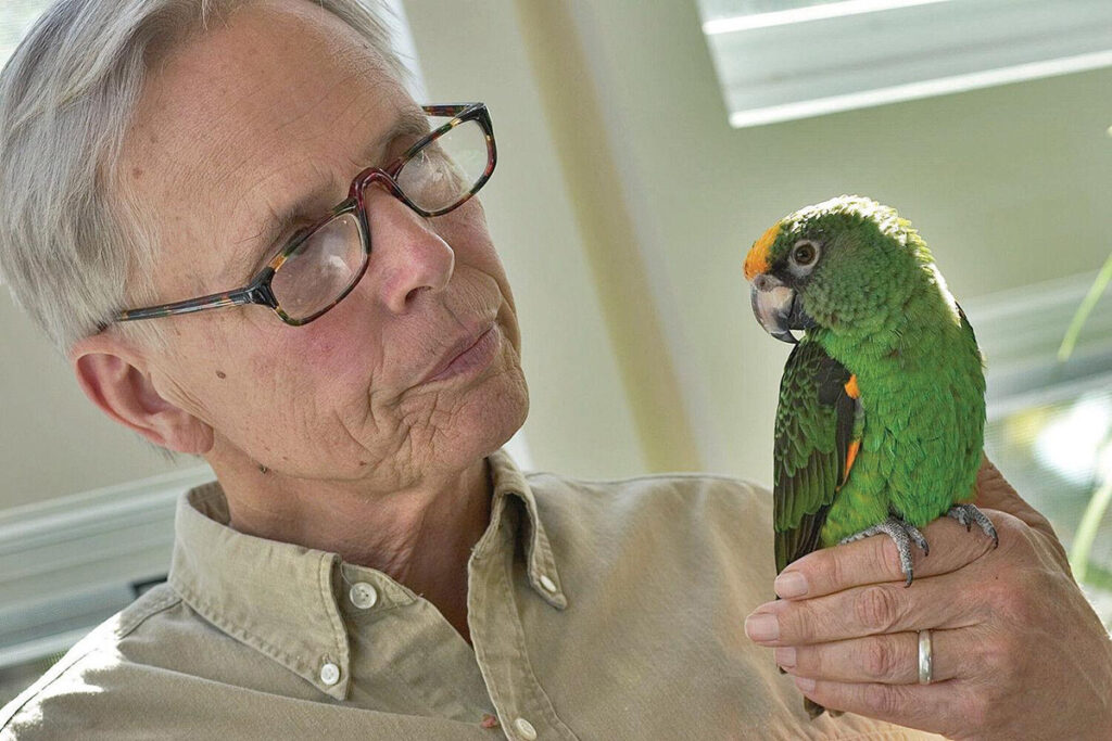 man in brown shirt, glasses, holds green parrot