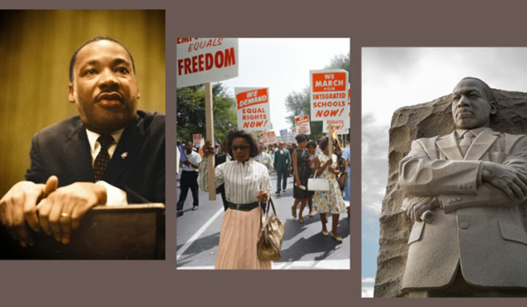 Collage of photo of Dr. King, Black women marching, statue of Dr. King