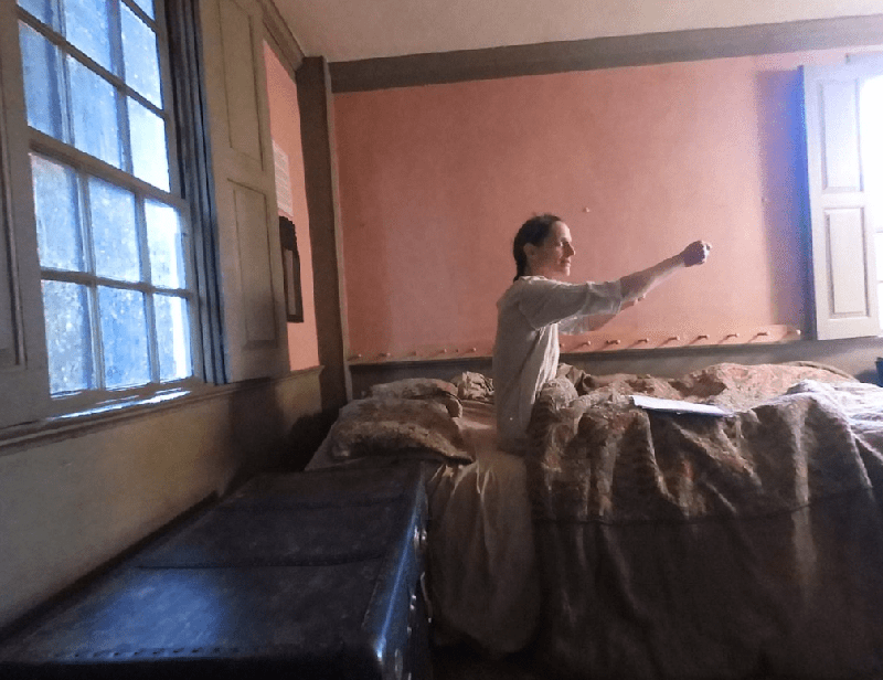 A woman sitting upright in a bed. The room is old-fashioned and the woman appears to be wearing a nightgown.