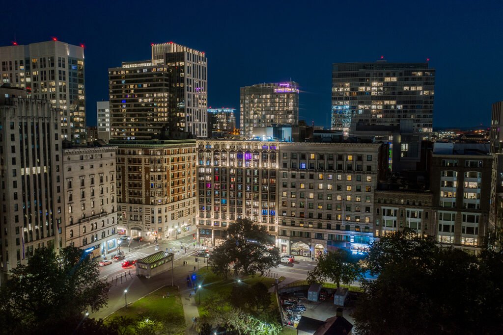 Aerial shot of the campus at night