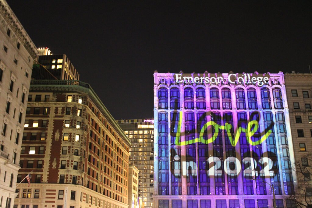 The message "Love in 2022" projected onto Little Building. 