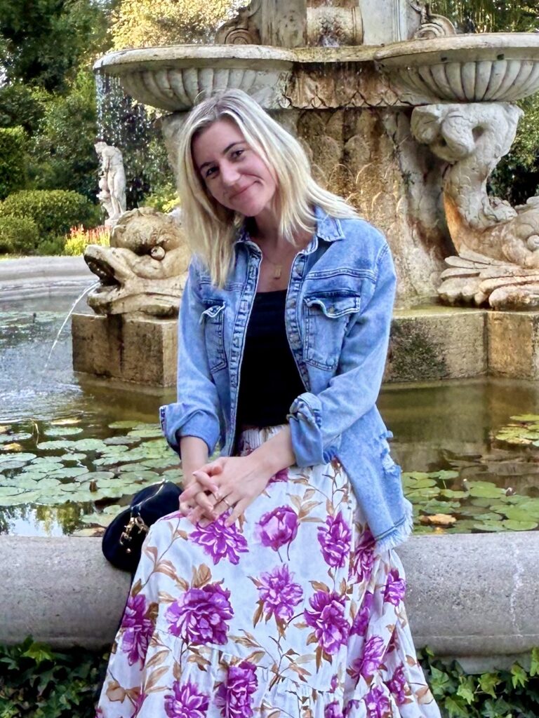 Emily Coolidge by a fountain