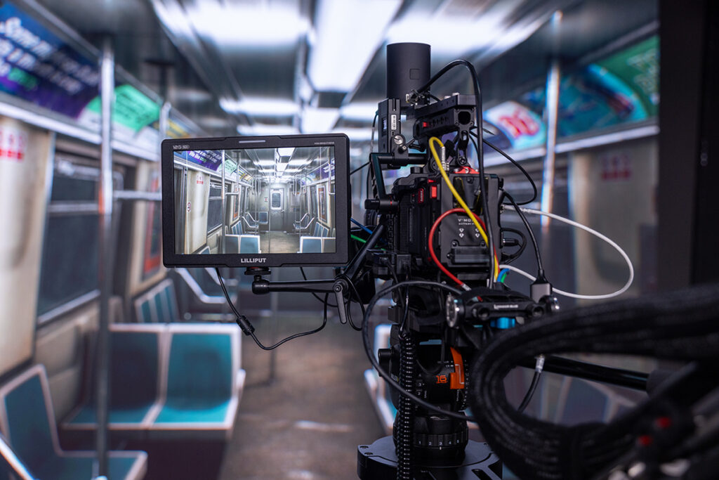 A VR camera from the Emerging Media Lab has projected an image that looks like the set of a subway car.