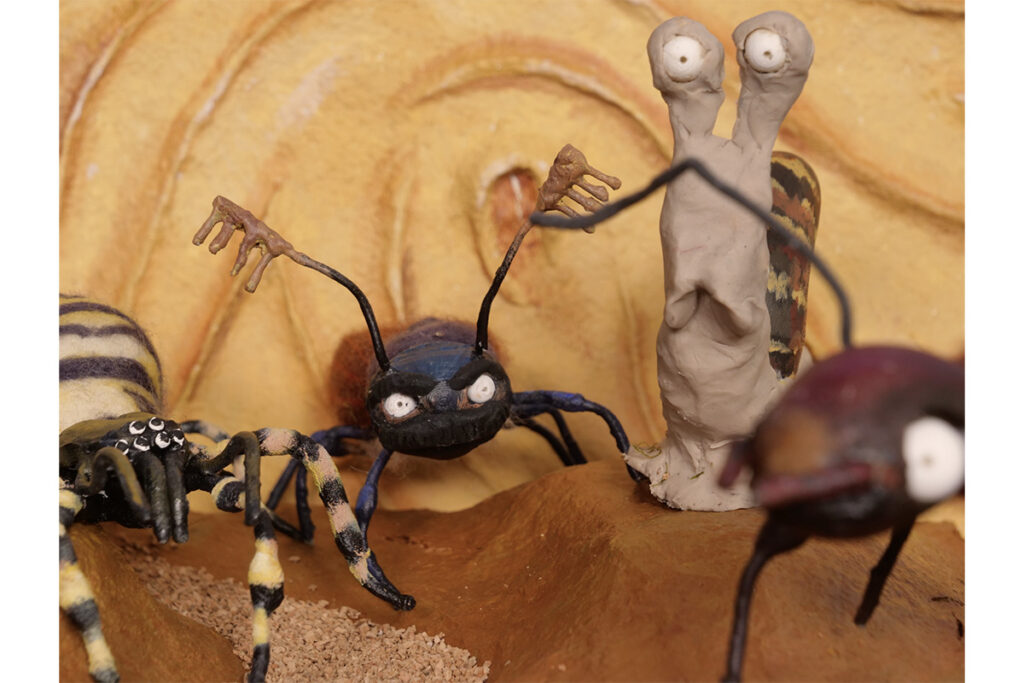 A still image of stop-animation bugs