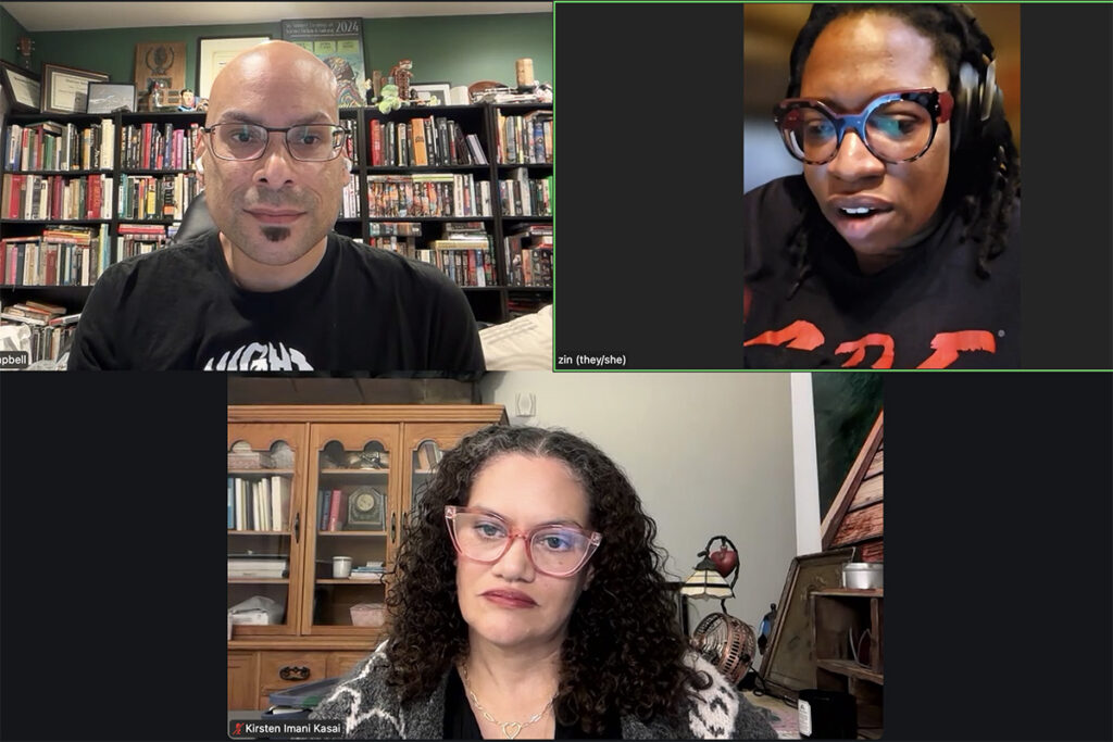 A Zoom screenshot of three people