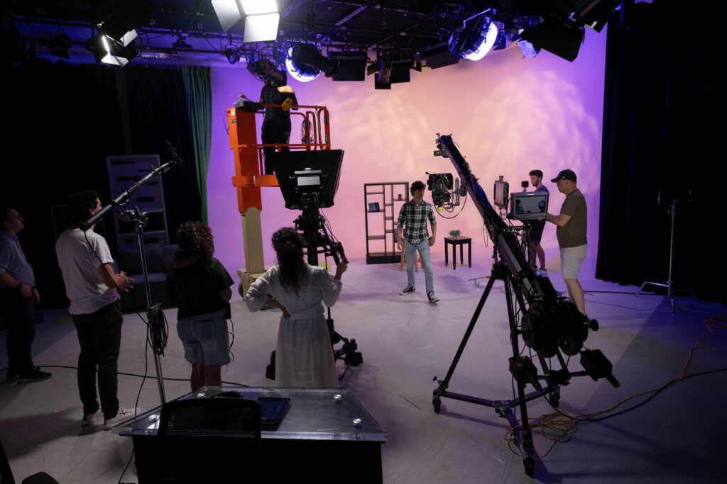 People prepare a set for filmmaking