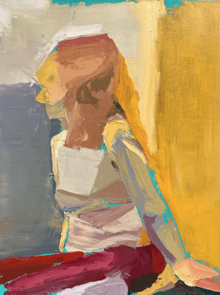 a painting of a smudged woman with yellow colors 