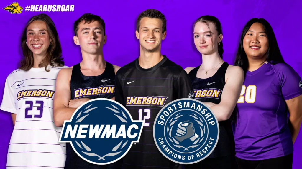 Five student-athletes with graphic for NEWMAC Sportsmanship team
