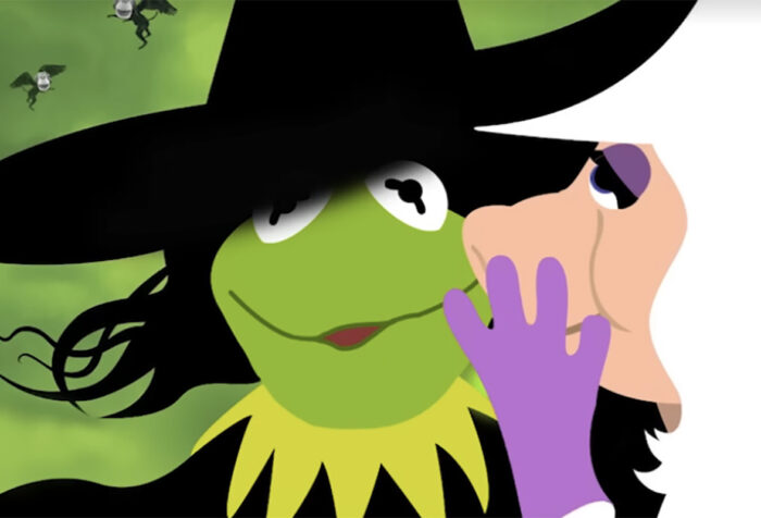 Parody image of Wicked the musical with Kermit as Elphaba and Miss Piggy as Glinda