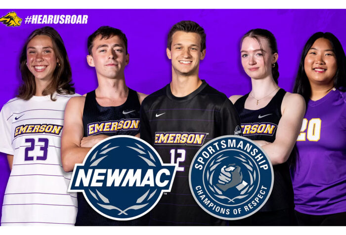 Graphic showing five members of the NEWMAC Sporsmanship team