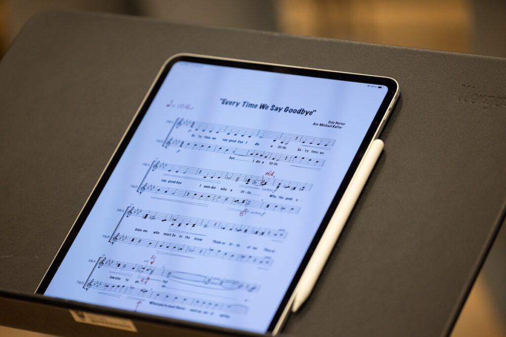 Close up photo of music displayed on an iPad