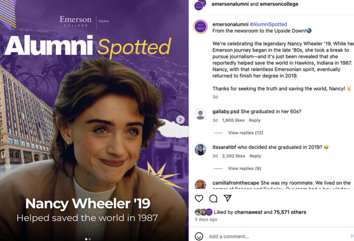 Instgram post reading Alumni Spotted: Nancy Wheeler '19