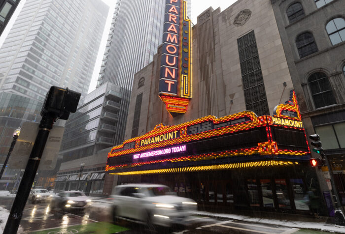 Paramount marquee in the snow