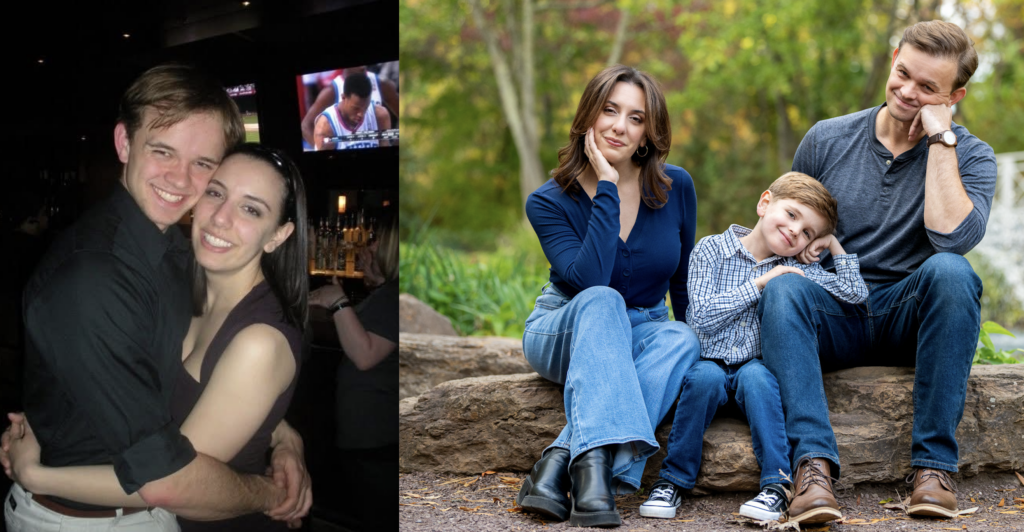 Two photos with Joan and Jim and one photo includes their child