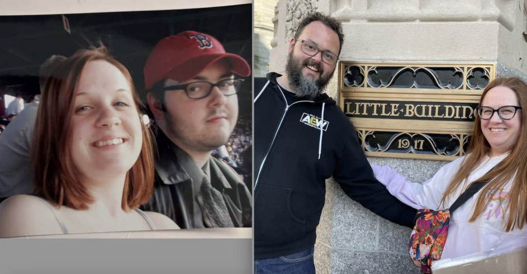 Two photos of Mitchell and Molly from their Emerson days and modern times