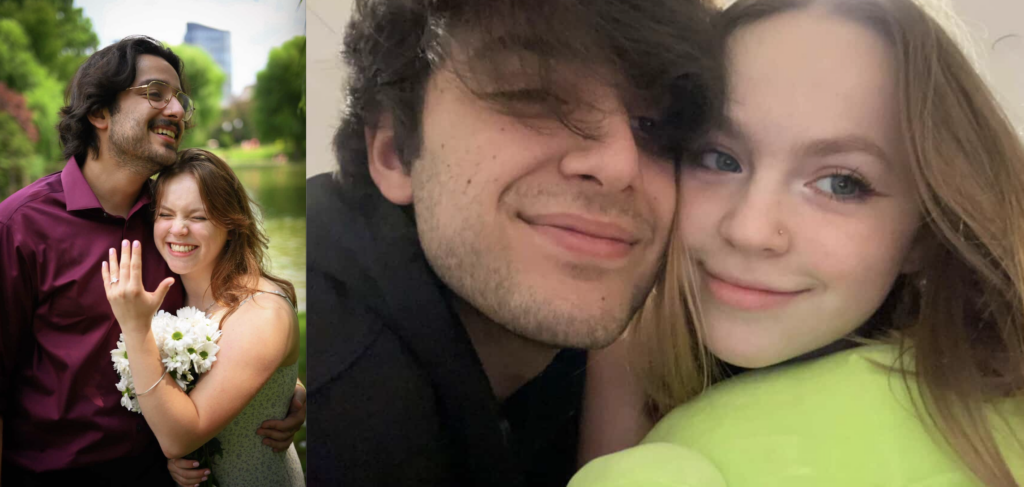 Side-by-side photos of Caden and  Olivia from their Emerson days and engagement photo