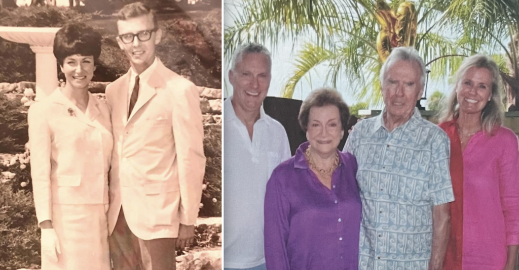 Two photos side-by-side of John Bertisch and Beverly Bertsch from back in the day and now (the one from now has two friends with them) 