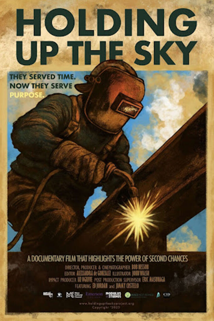 poster for film Holding Up the Sky, featuring man in welding mask, welding an I-beam