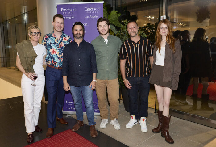 Six people stand in front of banner reading Emerson Los Angeles