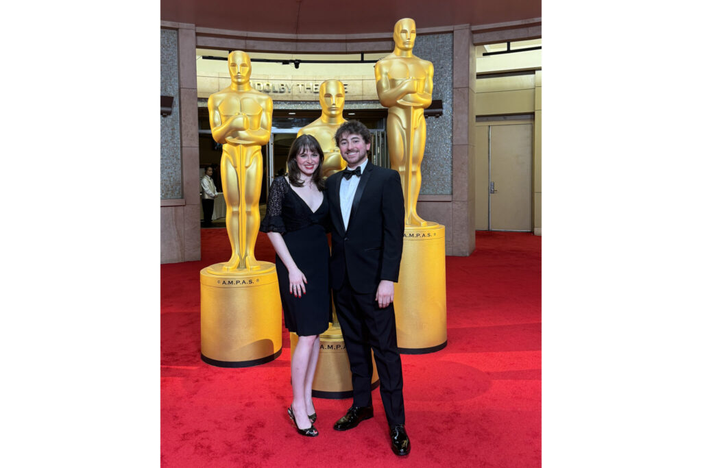 Ruby Brooks ’24 with Michael Kiaunis ’18 at the 2024 Academy Awards