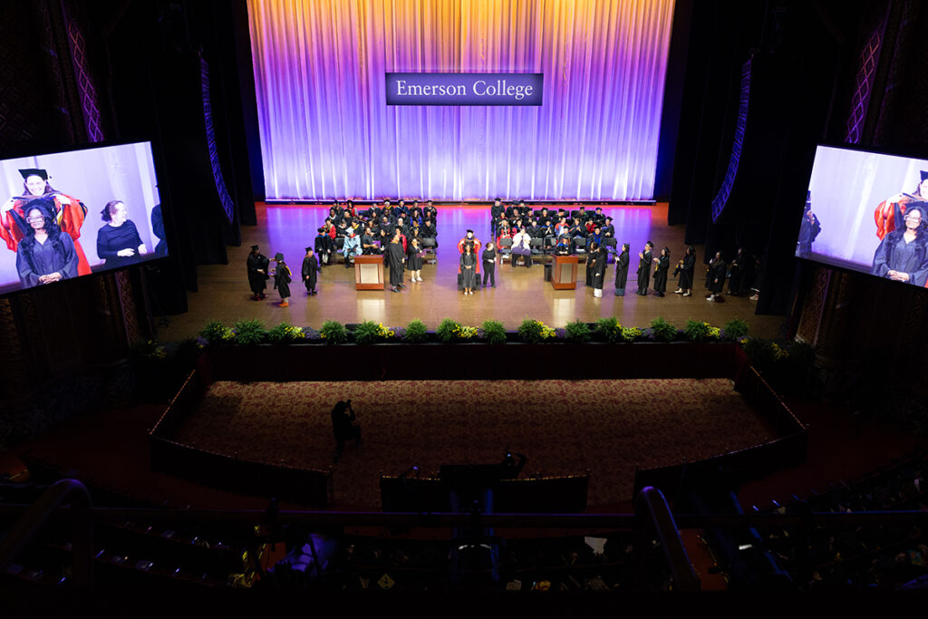 overhead view of Hooding Ceremony stage and screens