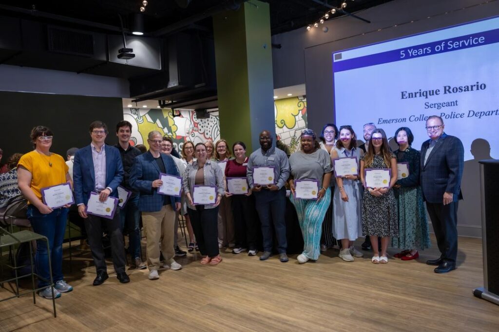 A group of people recognized for working at Emerson for 5 years