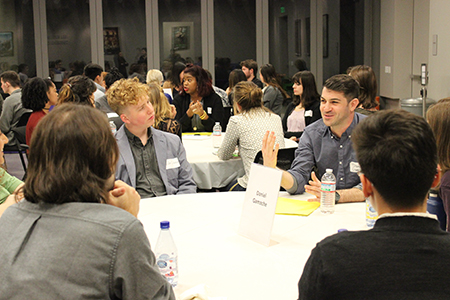 Dan Gamache talks with students during a roundtable discussion at an Emerson LA Career Advisory Network event.