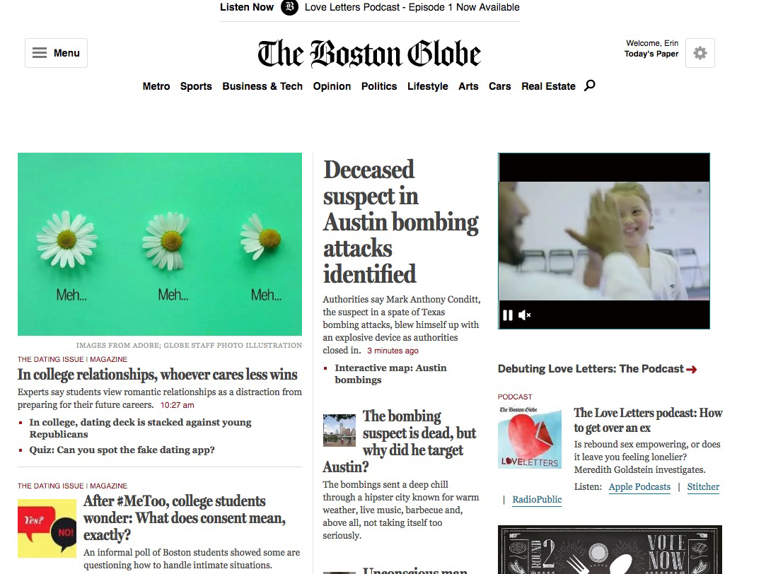 screen shot of Boston Globe homepage